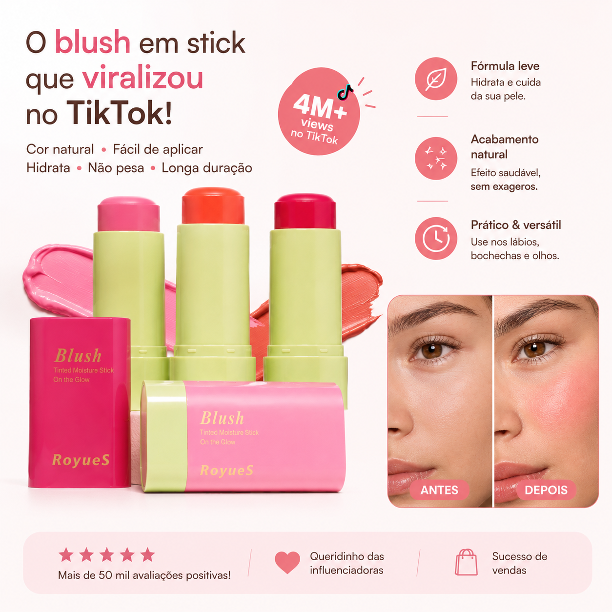Blush em Stick Multifuncional Leve e à Prova de Água