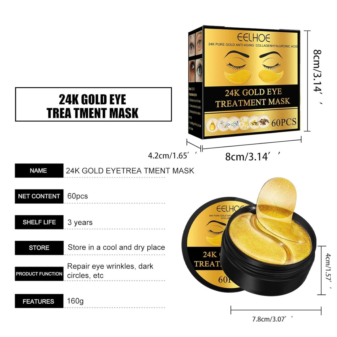 Patches de Olhos com Ouro 24K EELHOE – 60 Unidades